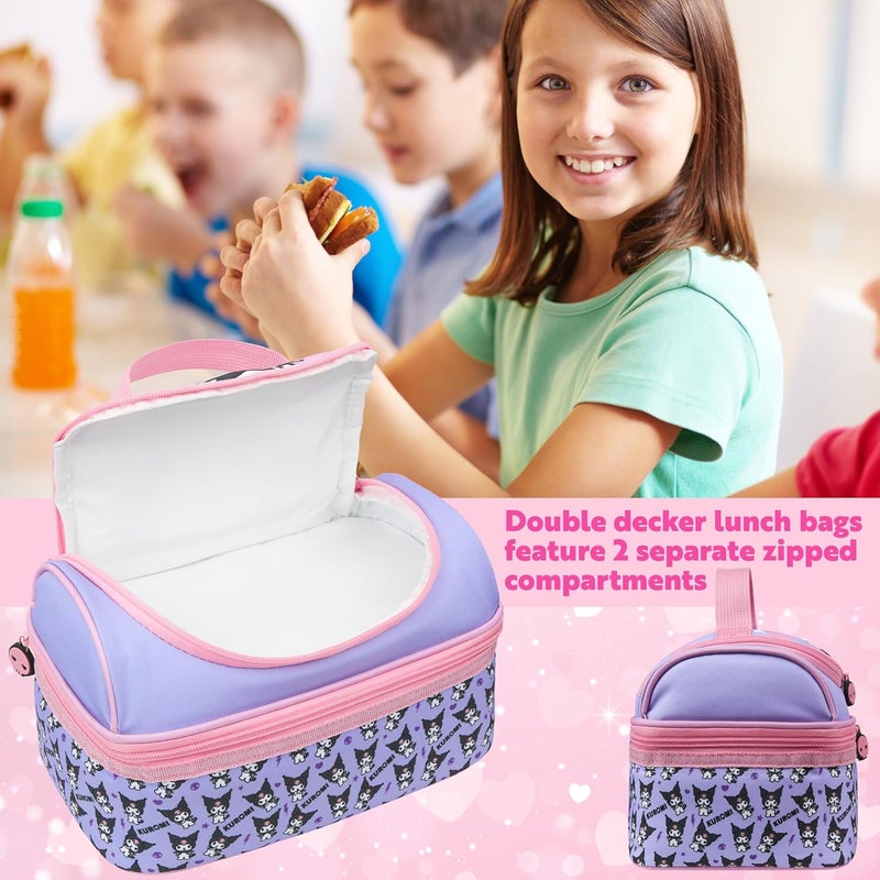 Get Trend Hello Kitty Kuromi Insulated Lunch Bag Two Compartments Anime Kawaii Lunch Box Cooler Bag for Picnic Gifts for Kids (Multi Kuromi) - Image 2